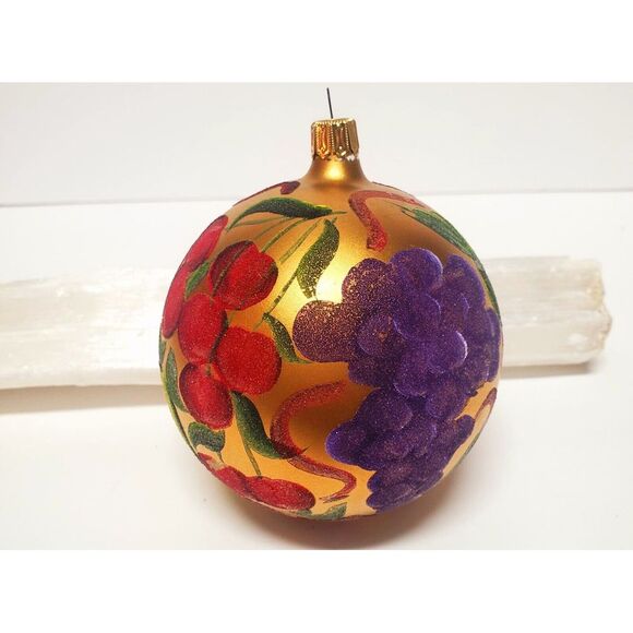 Hand Painted Ornament 4"Brassy Gold Jewel Tone Fruits Flocked Texture w/ Sparkle - Picture 12 of 14